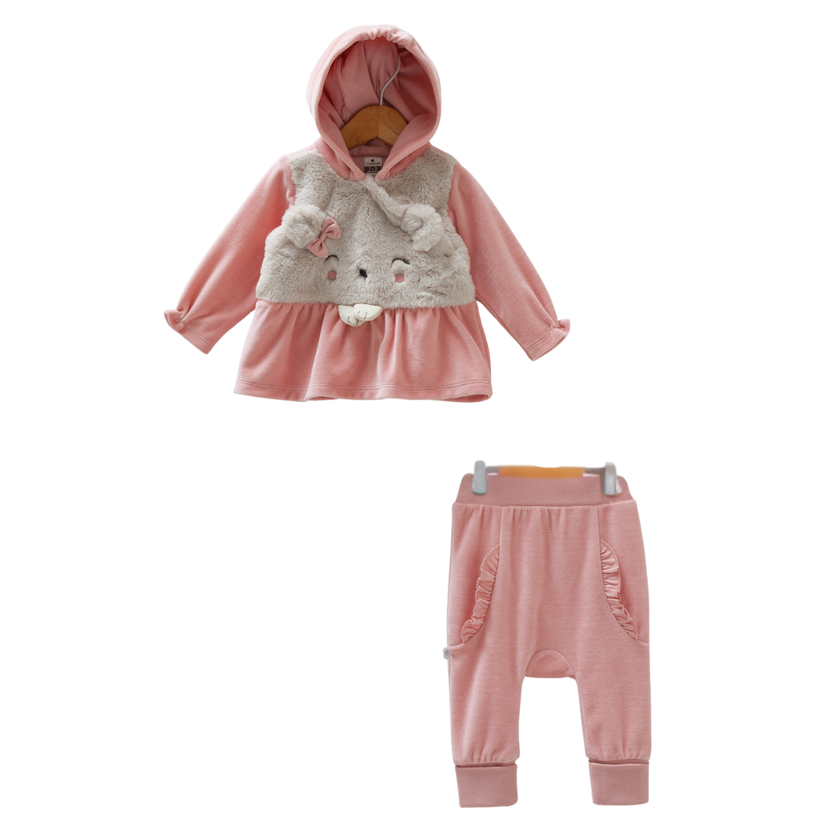 8382 Girls' Pink Velour Hooded Top & Pants Set – Furry Animal Applique | Open Feet | Fall | 1-9 Months | Turkey