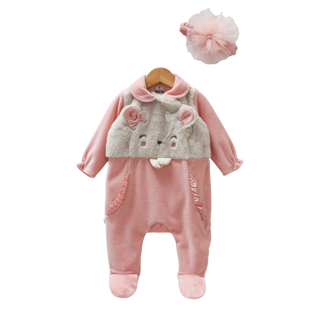 8380 Baby Girls' Plush Velour Romper & Headband Set – Pink Animal Applique | Fall/Winter Cozy Outfit | 0-3 Months | Turkey