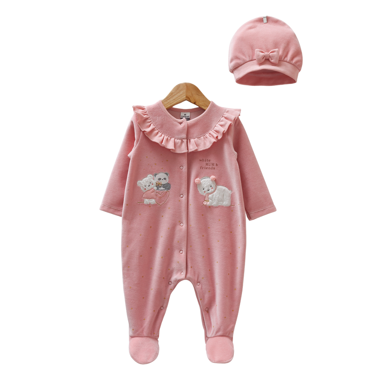 8416 Baby Girls' Velvet Romper & Hat Set – Bear Embroidery | Open Feet | Fall, 6-9M | Turkey