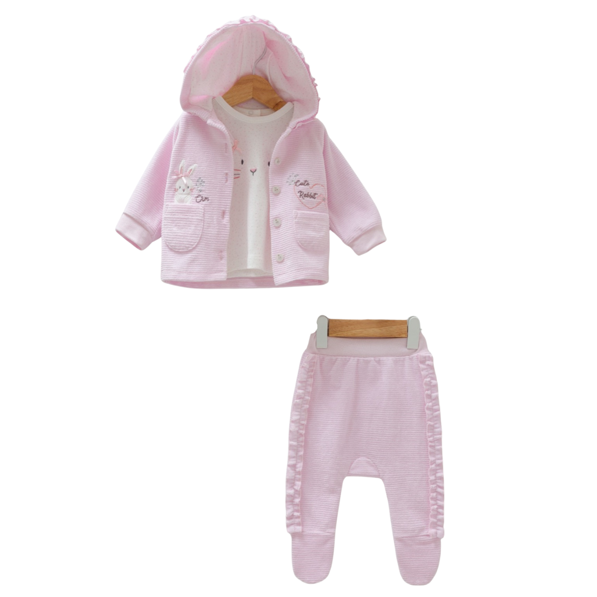 8425 Girls' 3-Piece Velvet & Cotton Set – Bunny Cardigan, Longsleeve & Footed Pants | Pink/White | Fall | 1-6M | Turkey