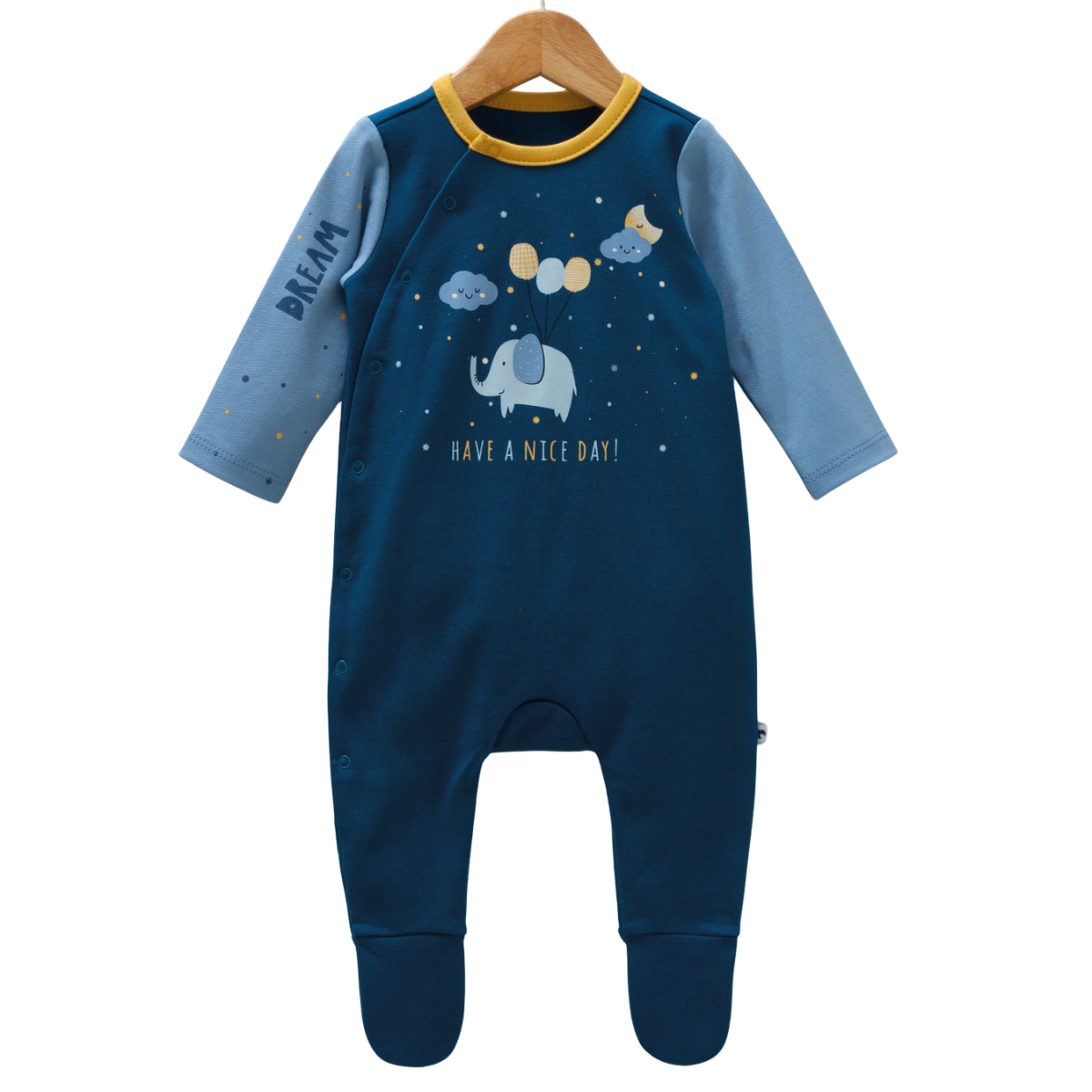 8559 Unisex 100% Cotton Pajama Romper – Side Snaps, Long Sleeve, Footed & Open-Foot Options | Elephant Print| Size 1-12 Months | Spring-Autumn | Made in Turkey