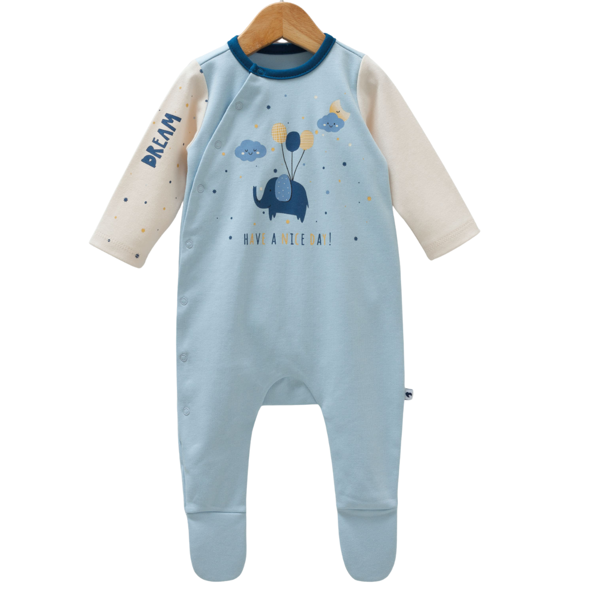 8559 Unisex 100% Cotton Pajama Romper – Side Snaps, Long Sleeve, Footed & Open-Foot Options | Elephant Print| Size 1-12 Months | Spring-Autumn | Made in Turkey