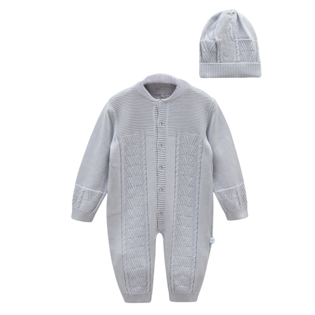 8170 Unisex Knitted Set (Romper + Hat) – 100% Cotton, Front Buttons, Long Sleeve, Open-Foot | Size 1-12 Months | Spring-Summer-Autumn | Turkey