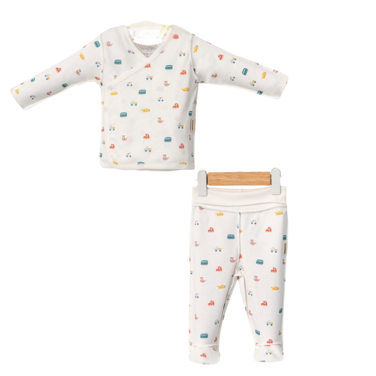 2202 100% Cotton Newborn Boys' Set – Wrap Top & Footed Pants | Cute Car Print Baby Outfit | 0-3 Months | Turkey