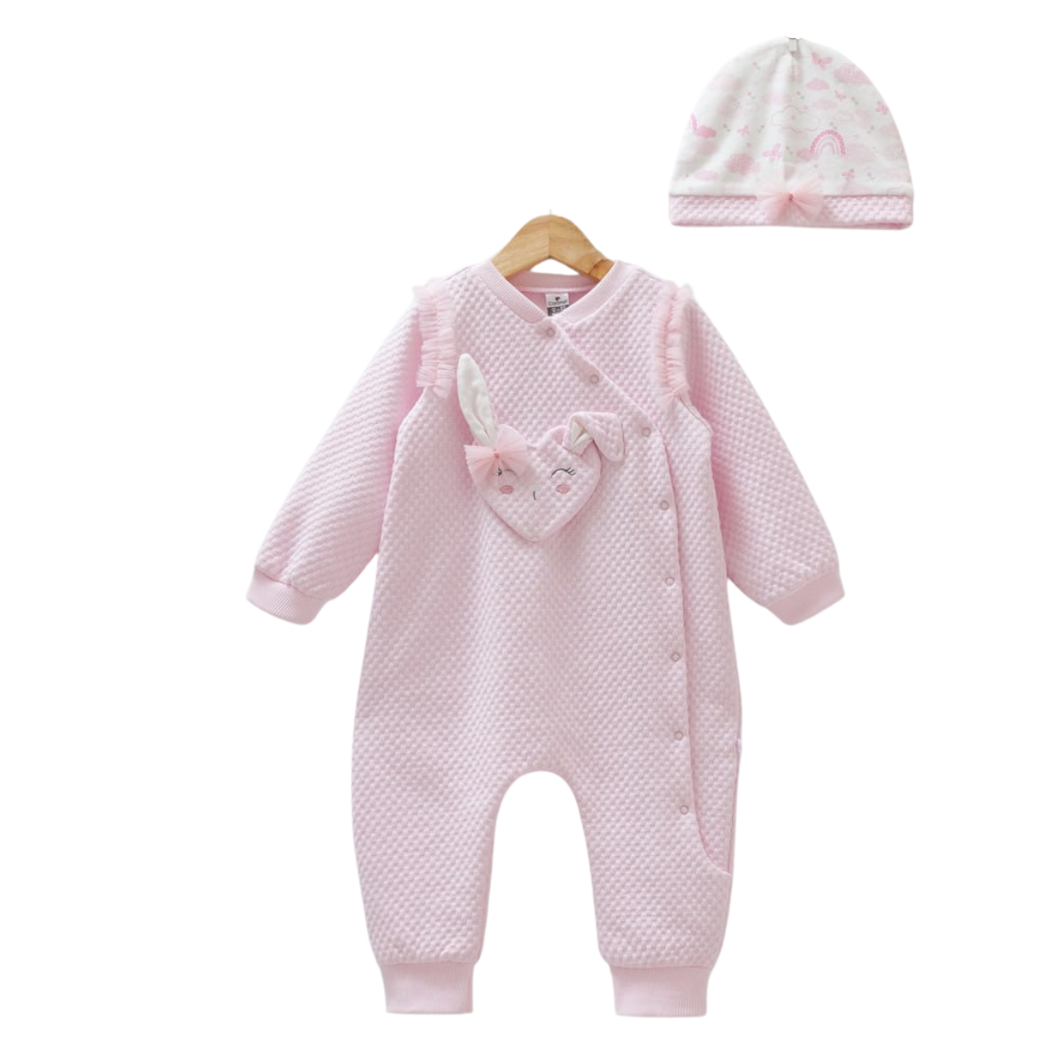 8354 Girls' Pink Cotton Set – Bunny Romper with Ruffles & Matching Hat | Thick Cotton | Fall | 6–12 Months | Turkey
