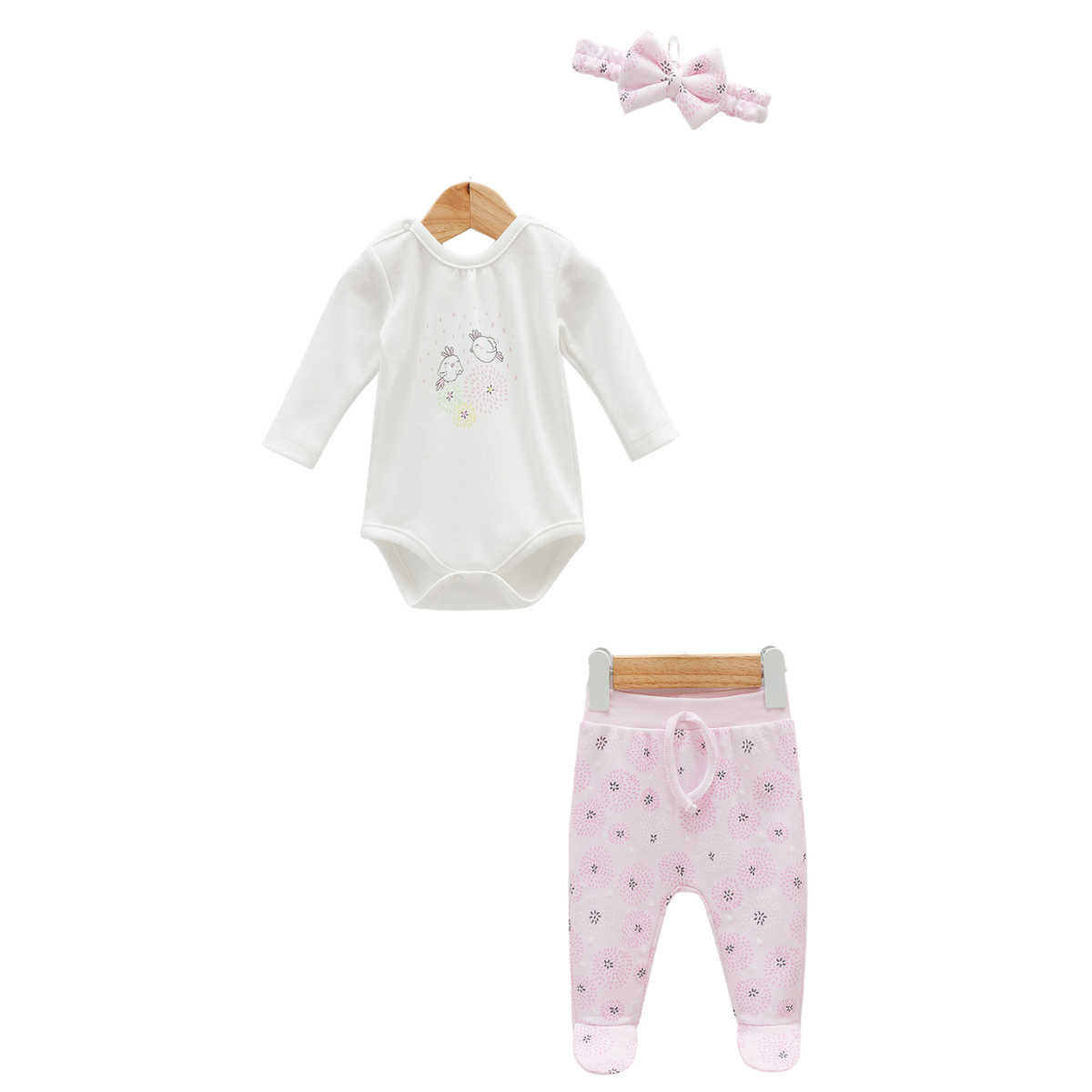 7947 Girls' 100% Cotton 3-Piece Baby Set – Bodysuit, Footed Pants & Bow Headband | Spring | Print "LOVE" | 0-9 Months | Turkey
