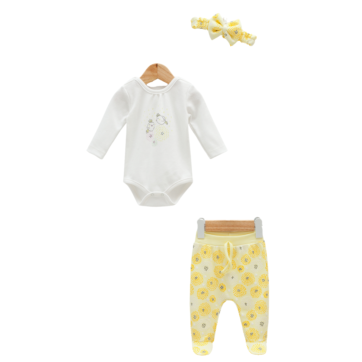 7947 Girls' 100% Cotton 3-Piece Baby Set – Bodysuit, Footed Pants & Bow Headband | Spring | Print "LOVE" | 0-9 Months | Turkey