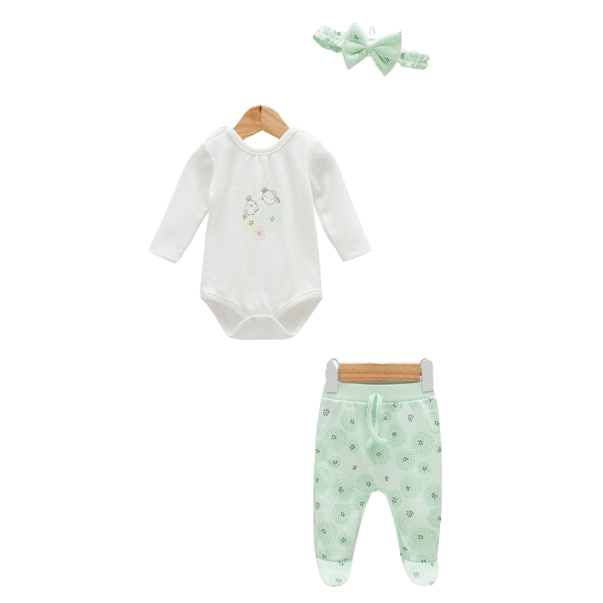 7947 Girls' 100% Cotton 3-Piece Baby Set – Bodysuit, Footed Pants & Bow Headband | Spring | Print "LOVE" | 0-9 Months | Turkey