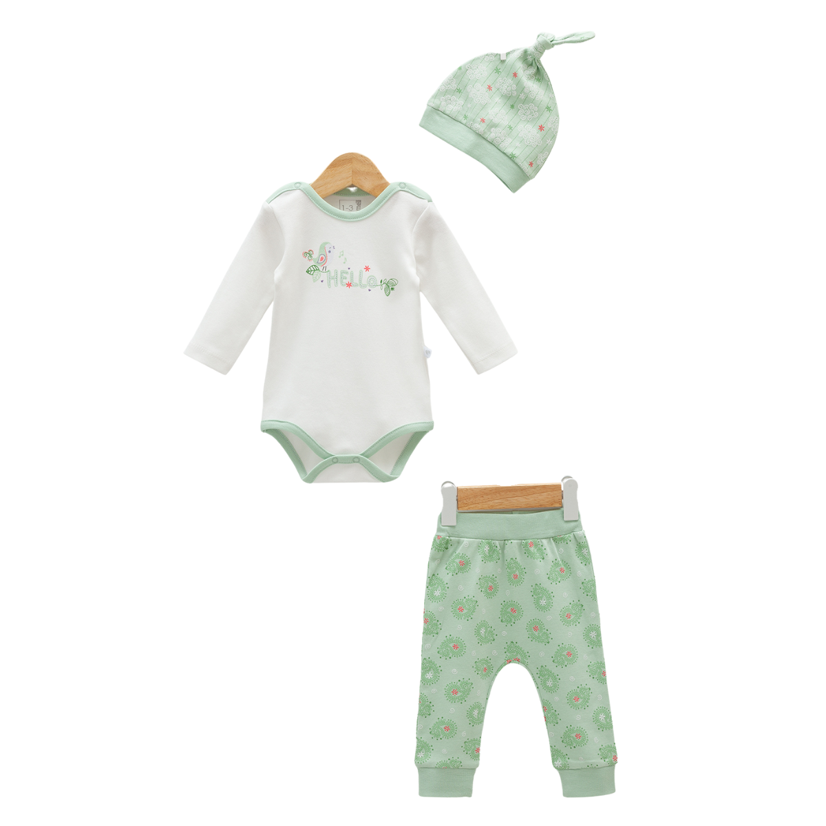 7787 Caramell: Girls' 100% Cotton 3-Piece Baby Set – 'Hello Little One' Bodysuit, Patterned Pants & Knot Hat | Spring | 1-6 Months | Turkey