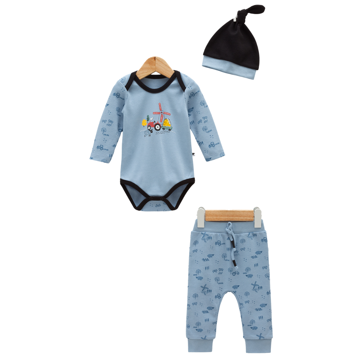 7593 Boys' 100% Cotton 3-Piece Set – Long-Sleeve Bodysuit, "Tractor & Windmill" Open-Foot Pants & Knot Hat | Spring| 6-9 Months | Turkey