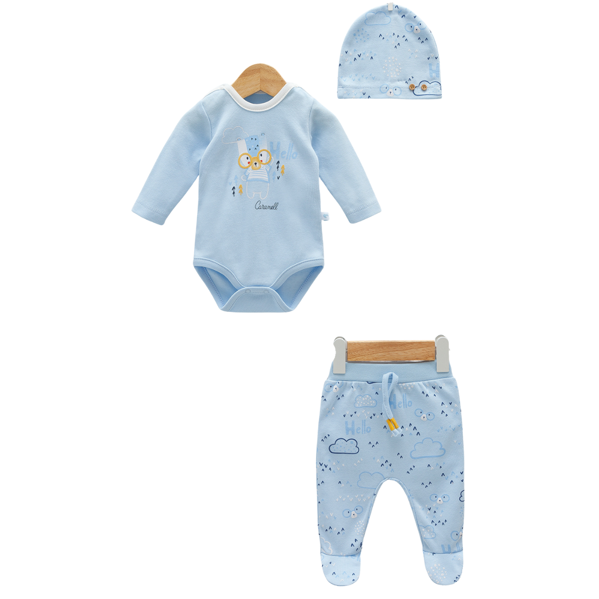 7969 Baby Boy 100% Cotton 3-Piece Set – Embroidered "Bear Smarty" Bodysuit, Print Pants & Cap | Spring | 1-9 Months | Turkey