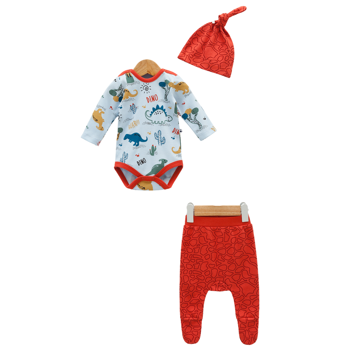8034 Baby Boy 100% Cotton 3-Piece Set – Long-Sleeve Bodysuit with "Dinosaur Print", Patterned Pants & Knot Hat | Spring | 1-6 Months | Turkey