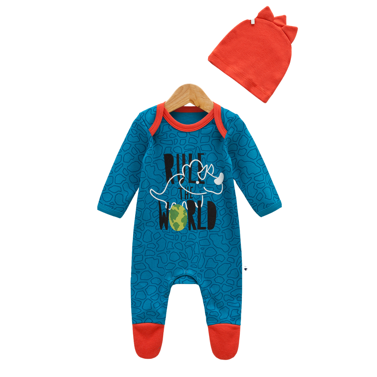 8030 Boys' 100% Cotton 2-Piece Set – Long-Sleeve Romper with "Dinosaur World" Print & Horned Hat | Spring | 0-9 Months | Turkey