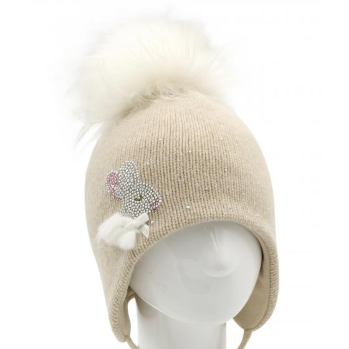 80414 Girls’ Winter Hat with Tie Strings | Natural Fur Pom-Pom | 18–36 Months | Cashmere Wool Blend, Cotton Lining