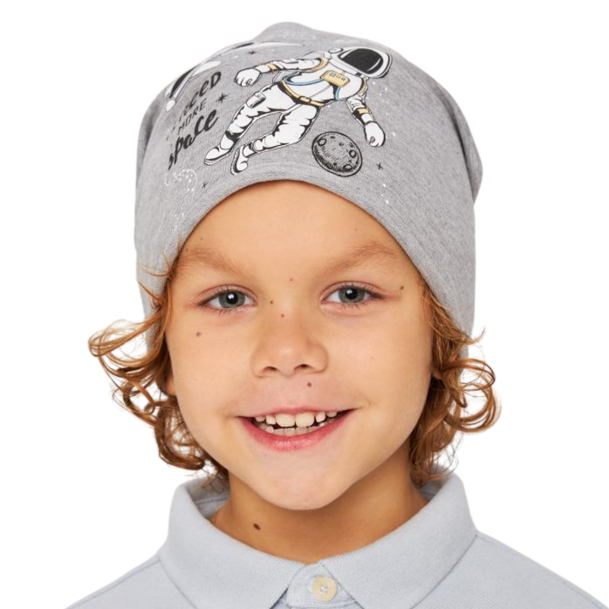Kids cotton beanie with astronaut space print β soft slouchy hat for boys ages 2.5β6 years, size 52β54"
