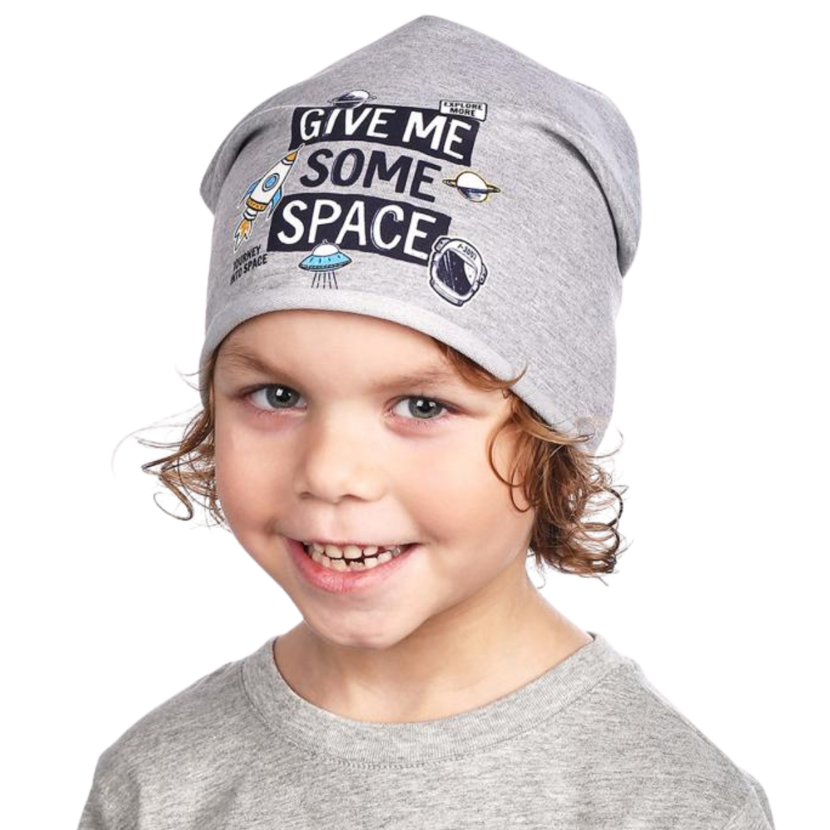 Kids cotton beanie hat with cuff β 'Give Me Some Space' print with planets and astronaut elements, size 52β54 for boys ages 2.5β6