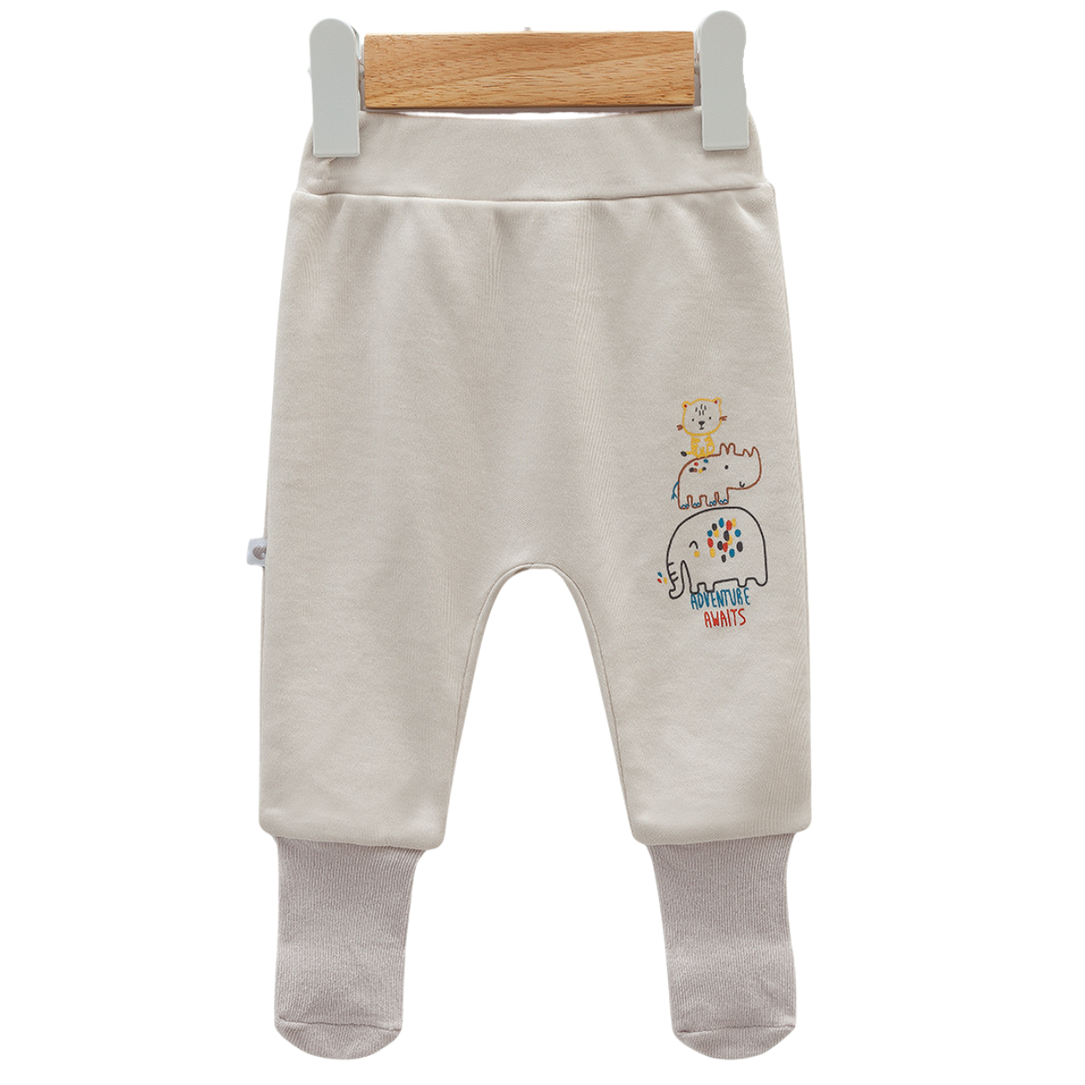 8212 Newborn Baby Boy Footed Pants with Knitted Bottom – Beige with "Happy" Animal Print | 100% Cotton | 0–6M | Turkey