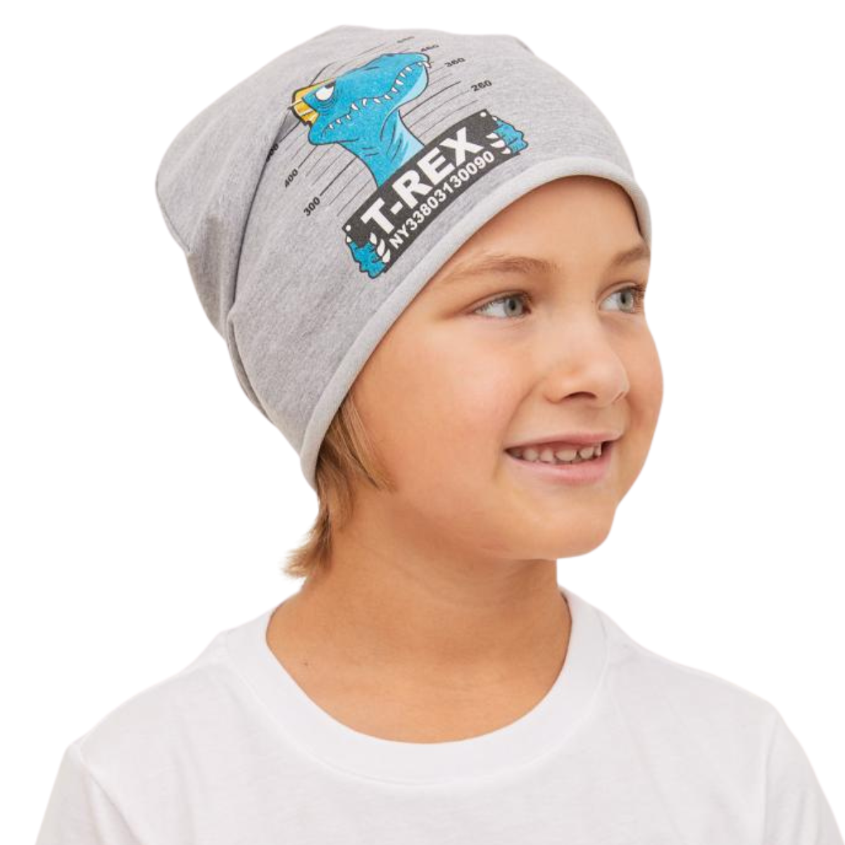 90925 Kids' Cotton Beanie Hat β T-Rex Dinosaur Mugshot Print | Size 52β54 | Ages 2.5β6 Y | Boys' Lightweight Cap for Spring & Fall