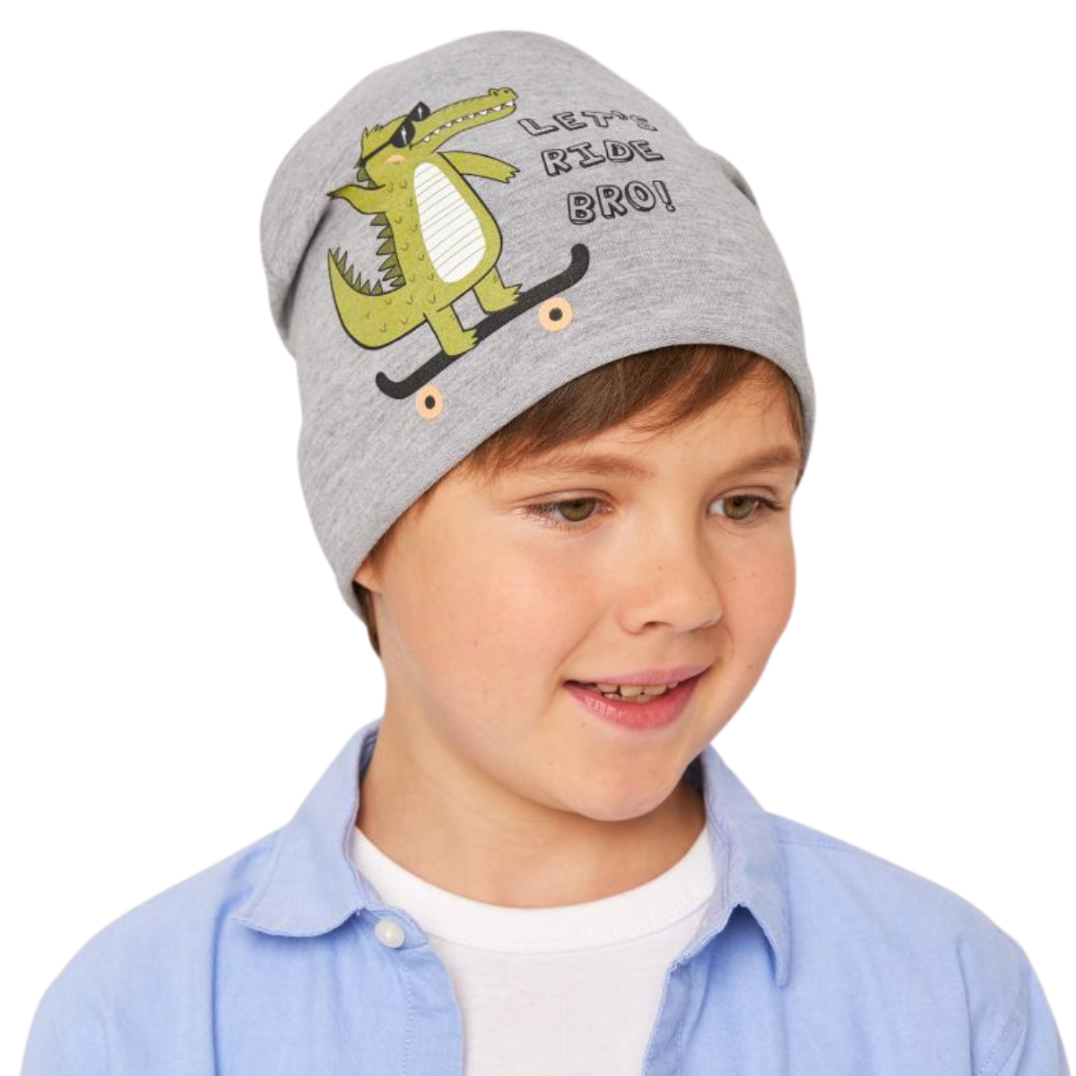 10837 Kids' Cotton Beanie Hat β "Let's Ride Bro!" Skateboarding Crocodile Print | Size 52β54 | Ages 2.5β6 Y | Lightweight Slouchy Cap