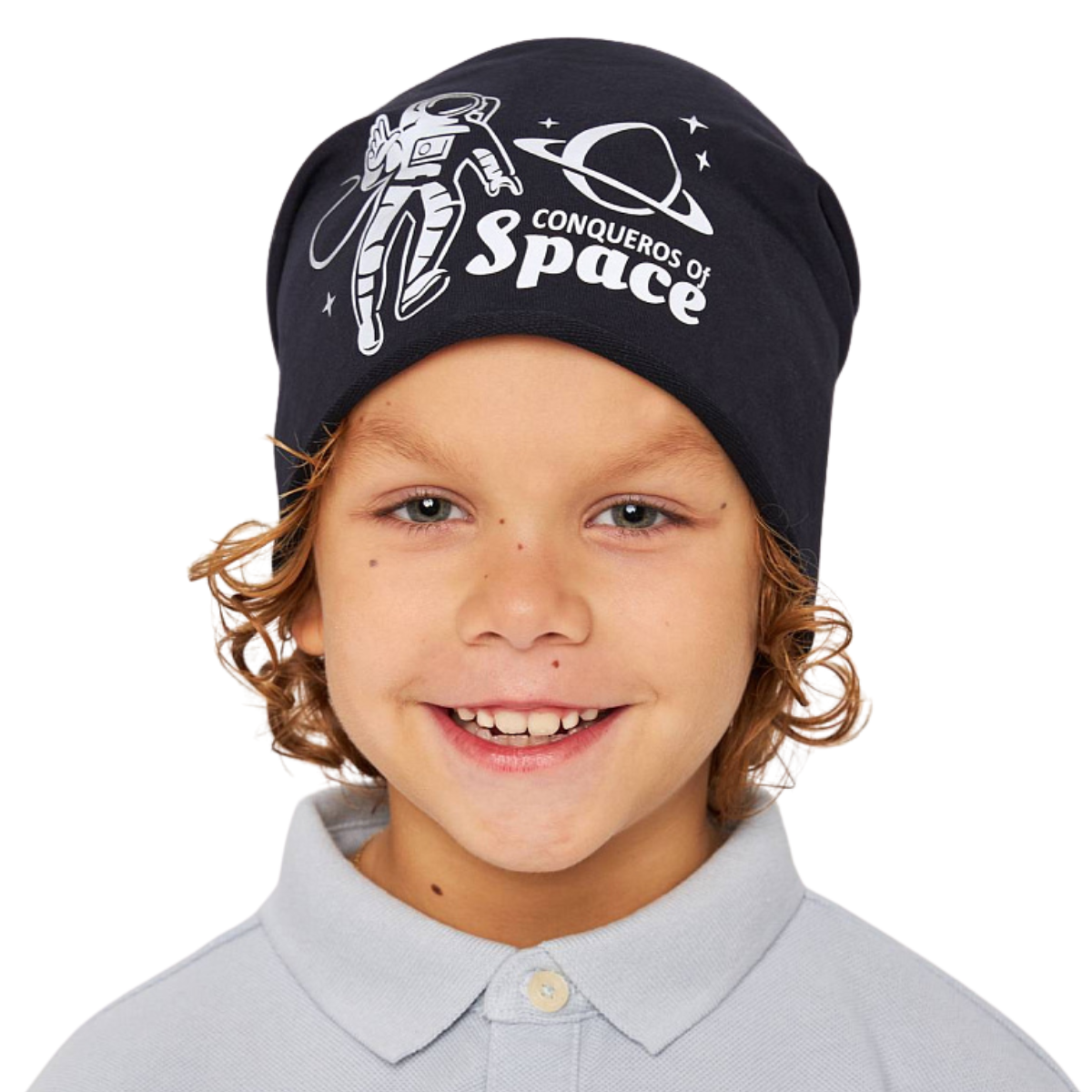 Kids cotton beanie hat without cuff β reflective astronaut and planet print with 'Conquerors of Space' text, size 52β54 for boys ages 2.5β6
