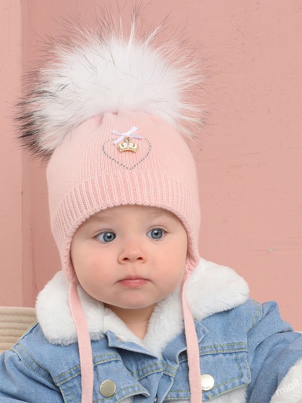 32007 Baby Girls’ Winter Knit Hat with Pom-Pom and Ties | 0–6 Months | Cotton Lining