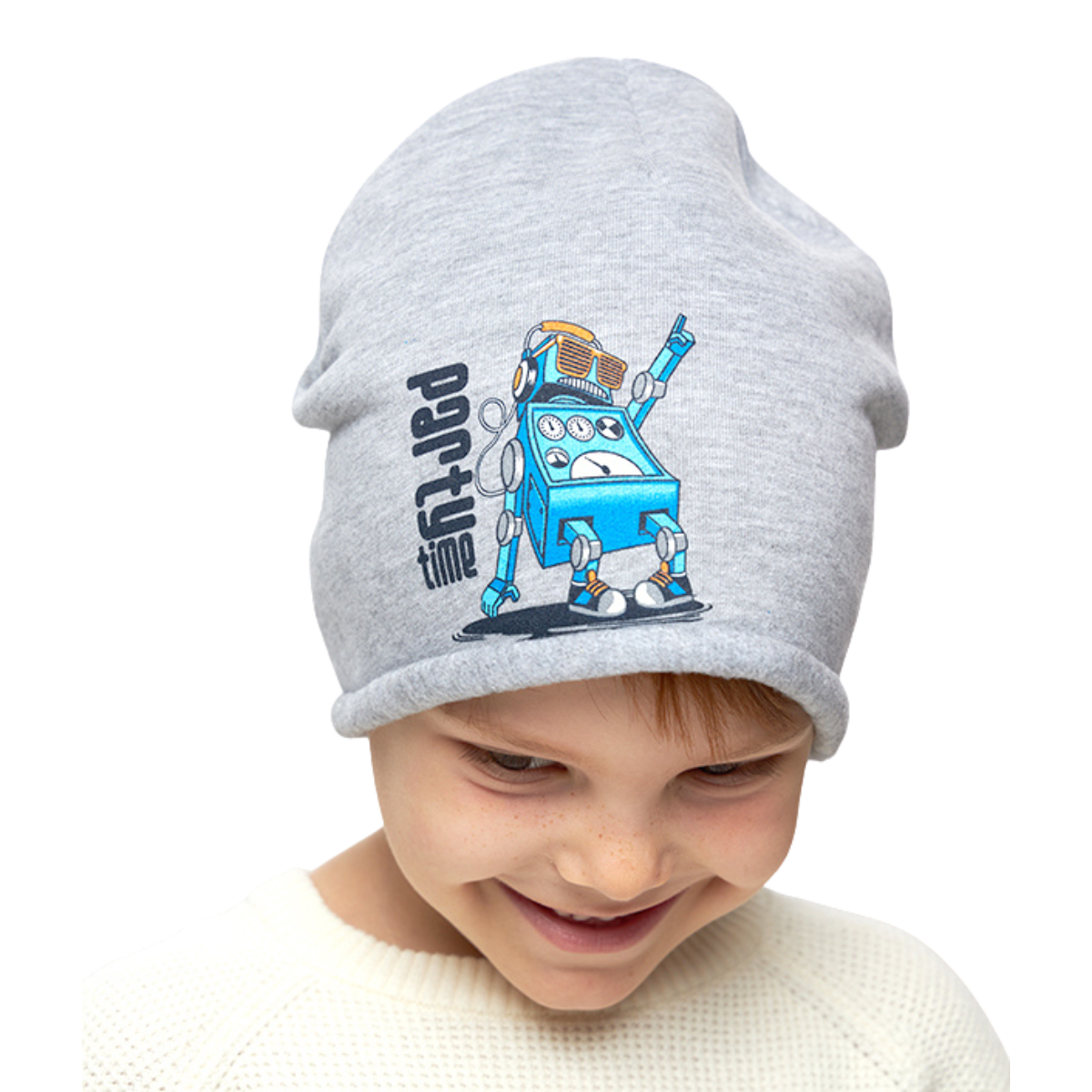90928 Kids' Cotton Beanie Hat with Fleece Lining β "Party Time" Robot Print | Size 52β54 | Ages 2.5β6 Y | Lightweight Warm Slouchy Cap