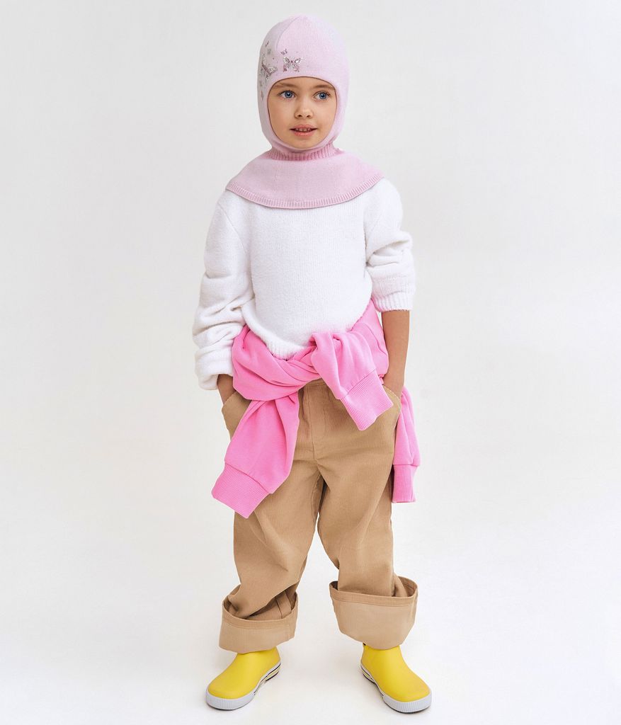 11712 Girls’ Knit Balaclava Hat – 100% Cotton Inside & Out | Embellished Butterfly & Floral Design | Ages 2Y | Spring/Fall Full-Coverage Hood
