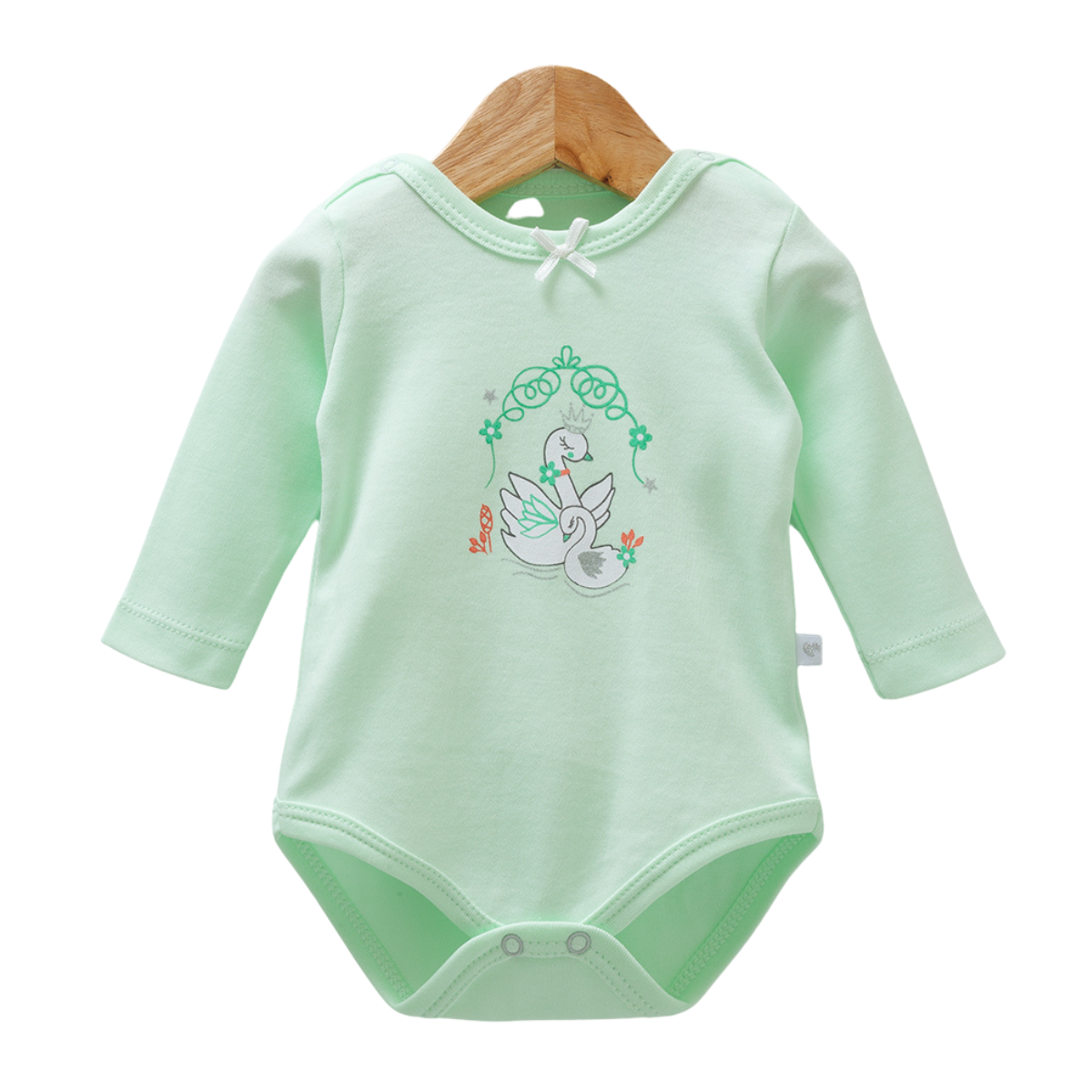 8525 Caramell Newborn Baby Girl Bodysuit with Long Sleeves – "Swan" Print | 100% Cotton | Turkey | Sizes 0–9M