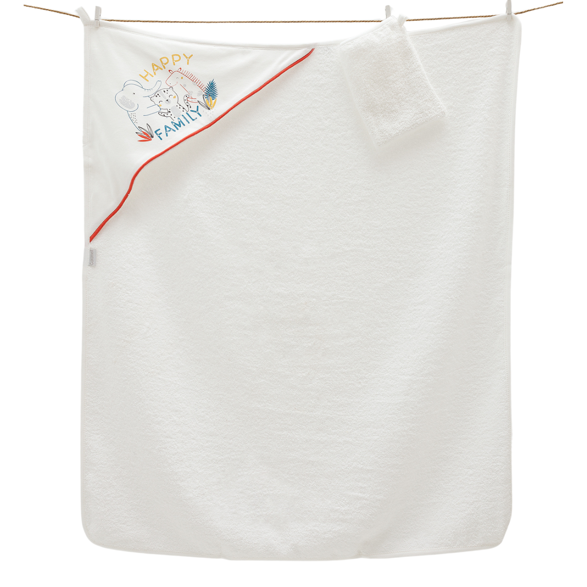 8227 Boys' Towel with Corner Hood & Bathing Mitt - "Happy family" Design | 100% Cotton