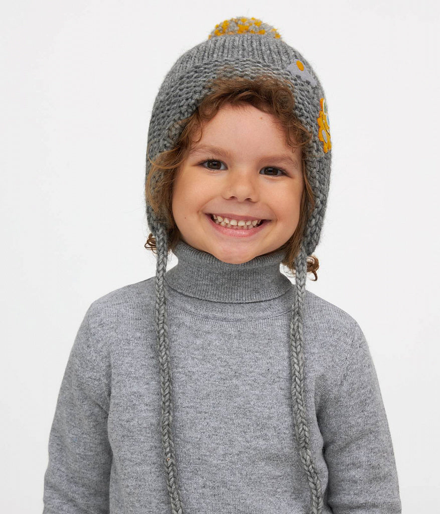 11264 Boys’ Knitted Winter Hat with Monster Appliqué | Pom-Pom | Sizes 48–50 cm | 9–18 Months | Baby Alpaca, Wool | 100% Cotton Lining