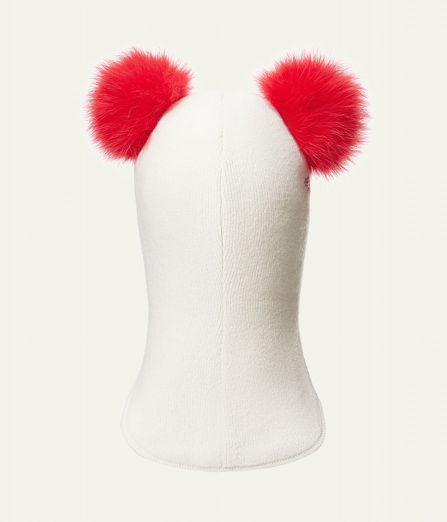 70384 Girlsβ Winter Knitted Balaclava with Two Natural Fur Pom-Poms & Rhinestone Design | 50β52, 52β54, 54β55 cm | Ages 18β30M, 3β4, 5β6 Years