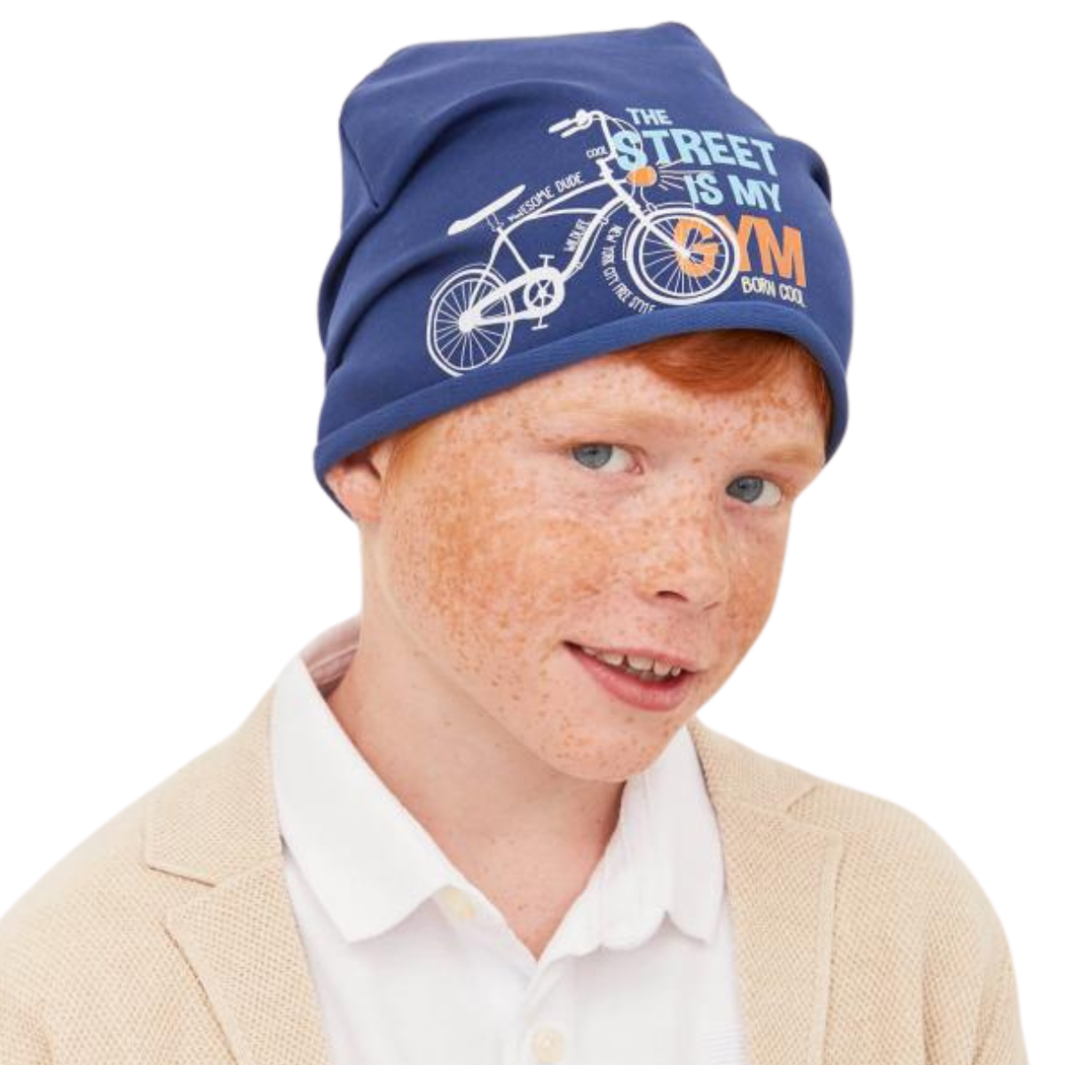 Boy wearing a blue slouchy beanie with a bicycle and "The Street Is My Gym" print, size 54β56