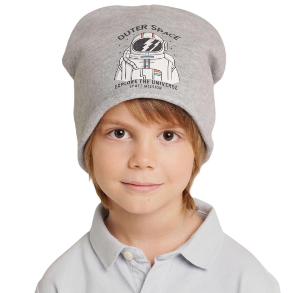 Young boy wearing a light gray fleece-lined beanie with astronaut and "Explore the Universe" print, perfect for spring or fall