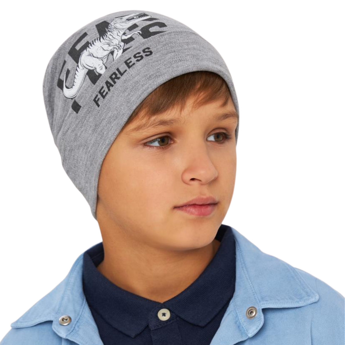 Kids' grey beanie hat with FEARLESS dinosaur print and cuff