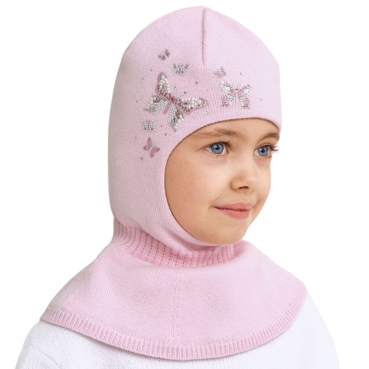 11712 Girls’ Knit Balaclava Hat – 100% Cotton Inside & Out | Embellished Butterfly & Floral Design | Ages 2Y | Spring/Fall Full-Coverage Hood