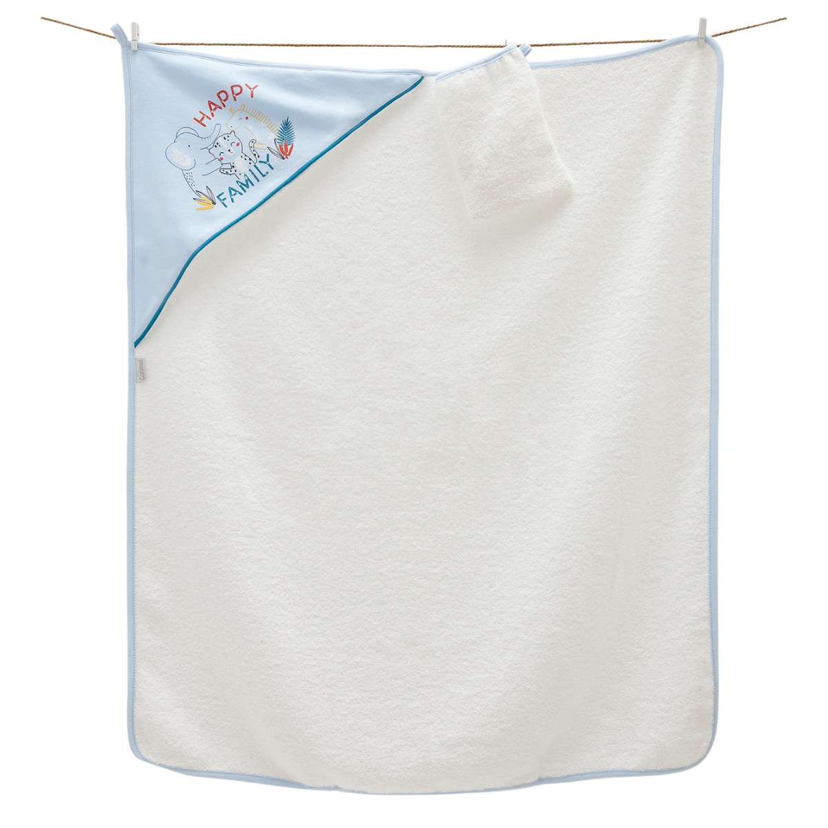 8227 Boys' Towel with Corner Hood & Bathing Mitt - "Happy family" Design | 100% Cotton