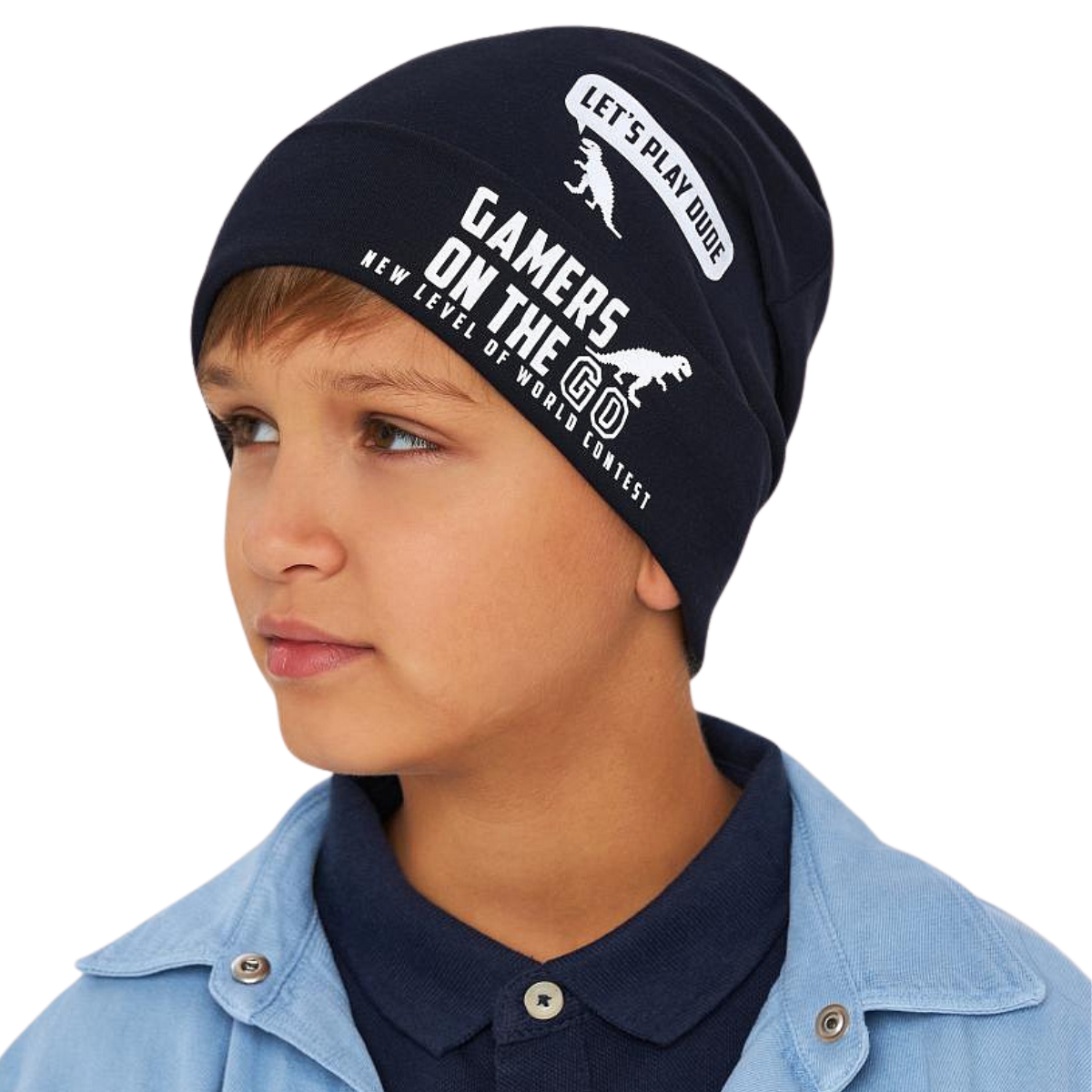 Kids' navy beanie hat with cuff and reflective gamer and dinosaur print