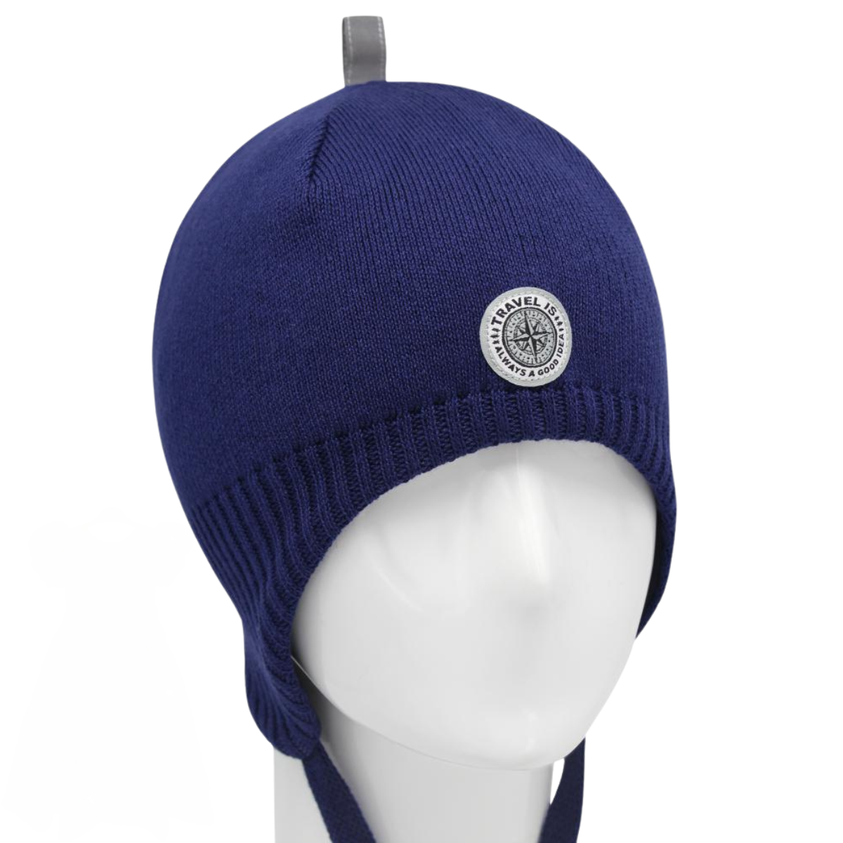 10595 Boys’ Cotton Knit Earflap Hat – Compass Badge Design | 100% Cotton Inside & Out | Ages 5-7 Y (54-56)| Lightweight Spring/Fall Beanie with Ties