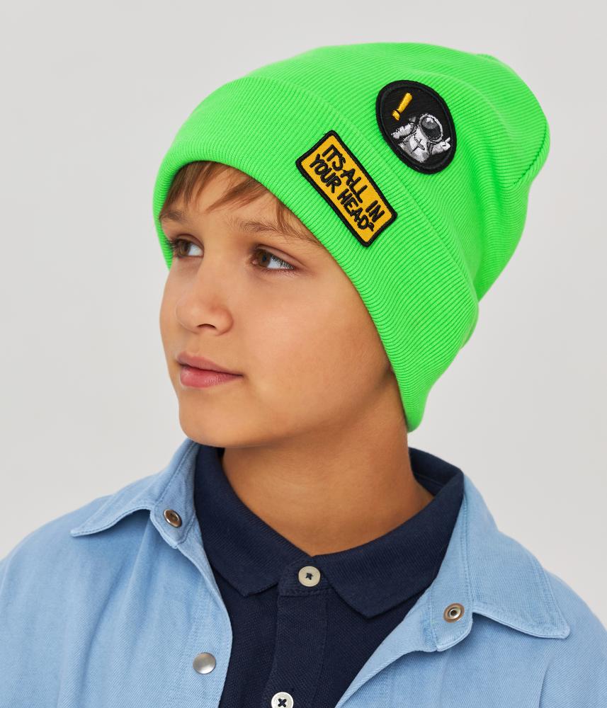 10983 Boys’ Neon Green Cotton Beanie with Space & Quote Patches – Size 54–56 | Spring & Summer Hat for Kids