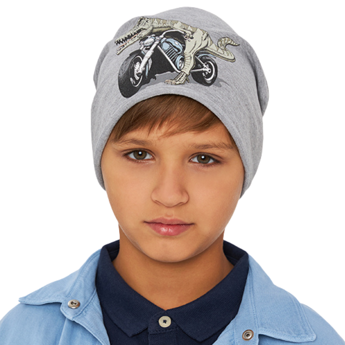 10844 Kids' Cotton Beanie Hat β Dinosaur on Motorcycle Print | Size 54β56 | Ages 7β12 Y | Slouchy Spring/Fall Cap for Boys