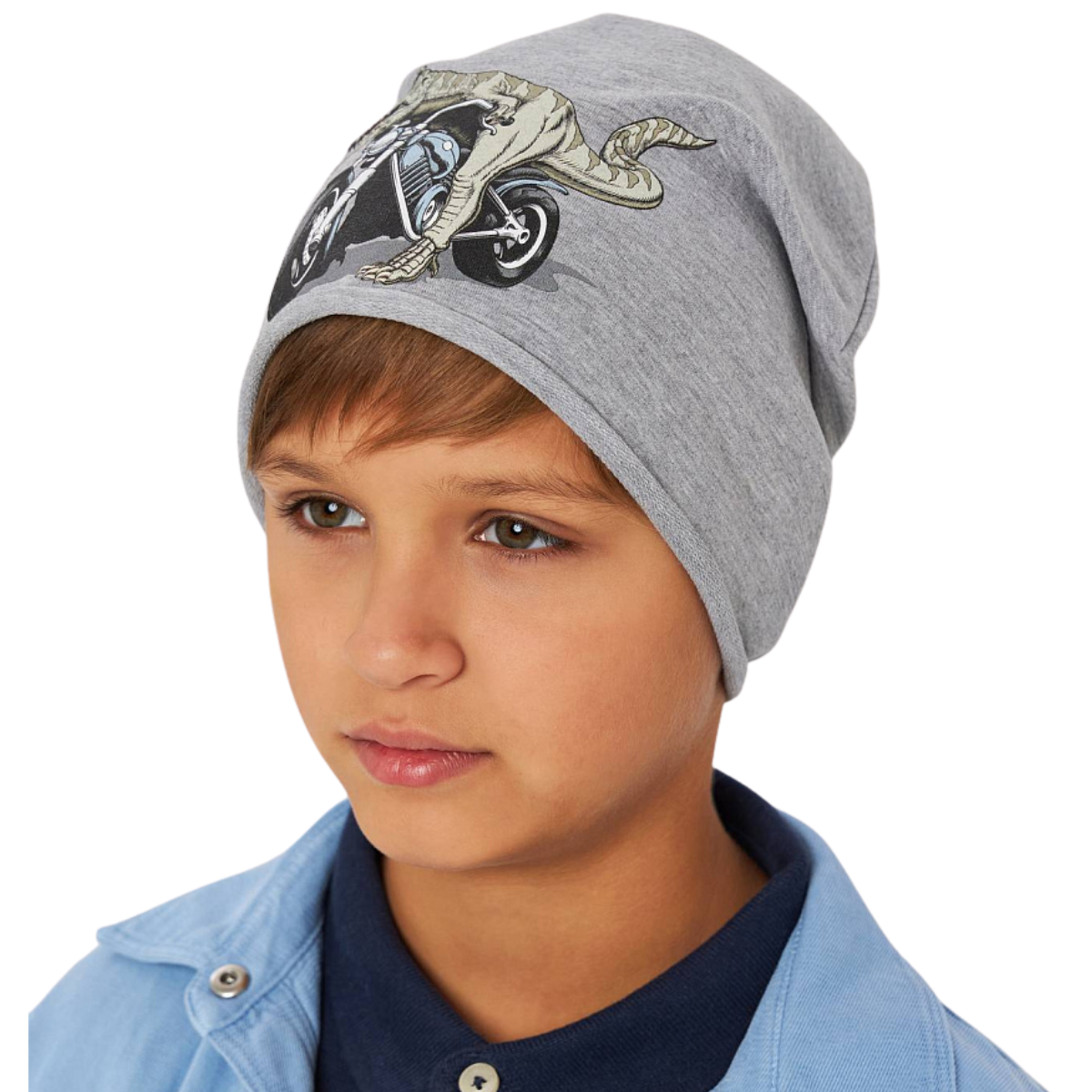 10844 Kids' Cotton Beanie Hat β Dinosaur on Motorcycle Print | Size 54β56 | Ages 7β12 Y | Slouchy Spring/Fall Cap for Boys