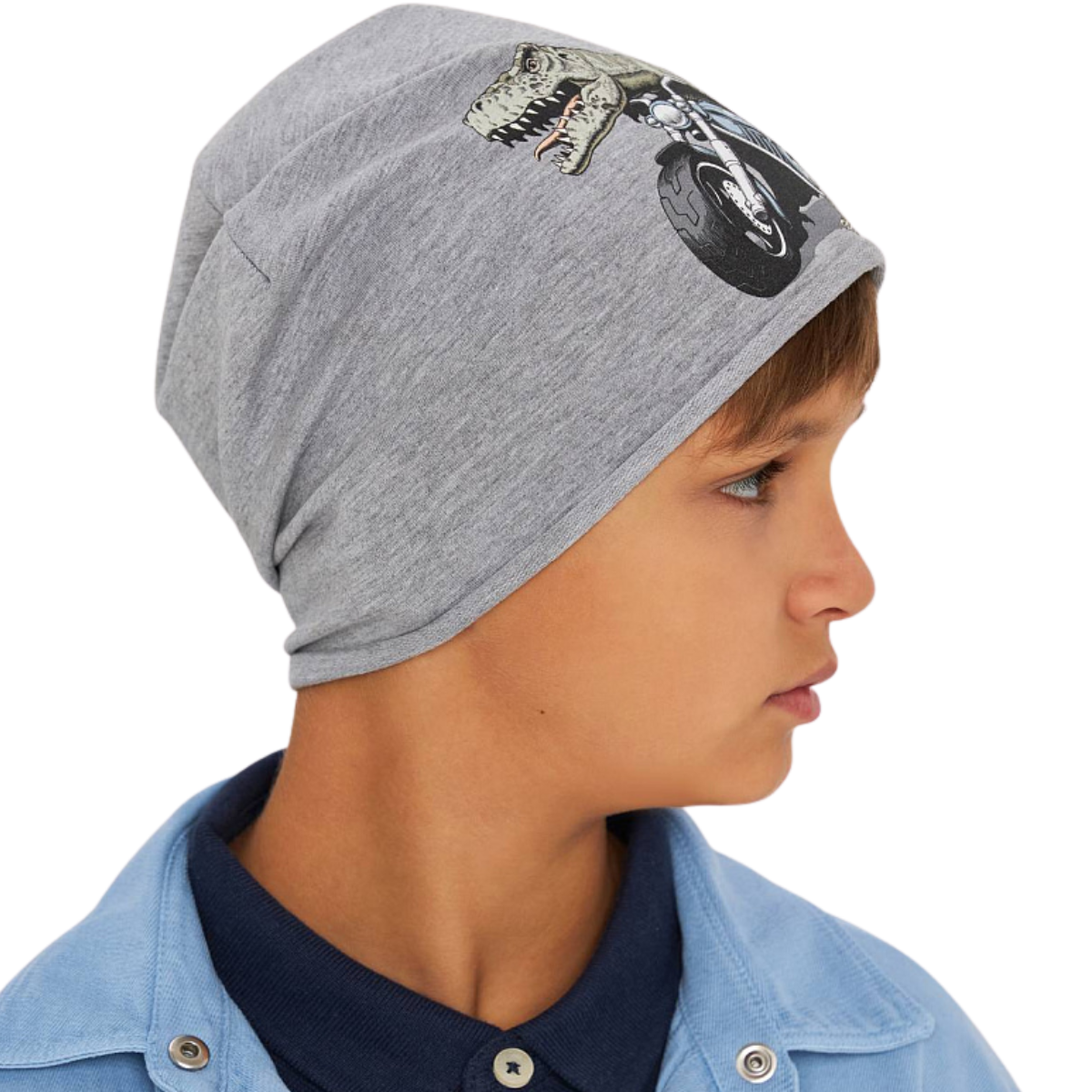 10844 Kids' Cotton Beanie Hat β Dinosaur on Motorcycle Print | Size 54β56 | Ages 7β12 Y | Slouchy Spring/Fall Cap for Boys