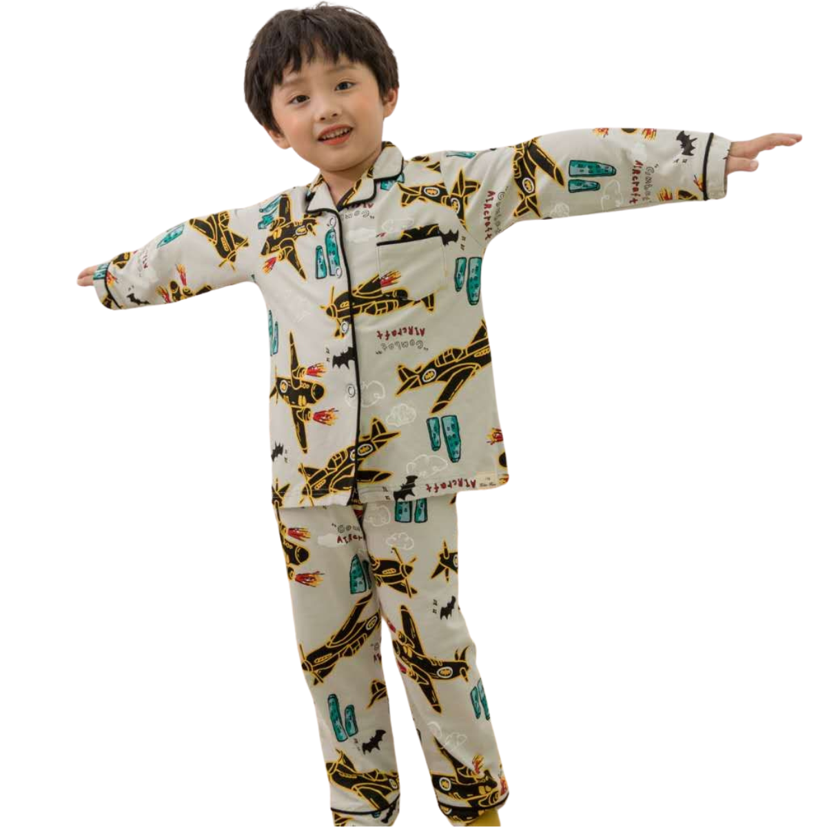 3031 Boys' Mid-Season Pajama Set – Cotton Long Sleeve Button-Up Top & Pants with Fun Airplane Print | Sizes 90–140 cm