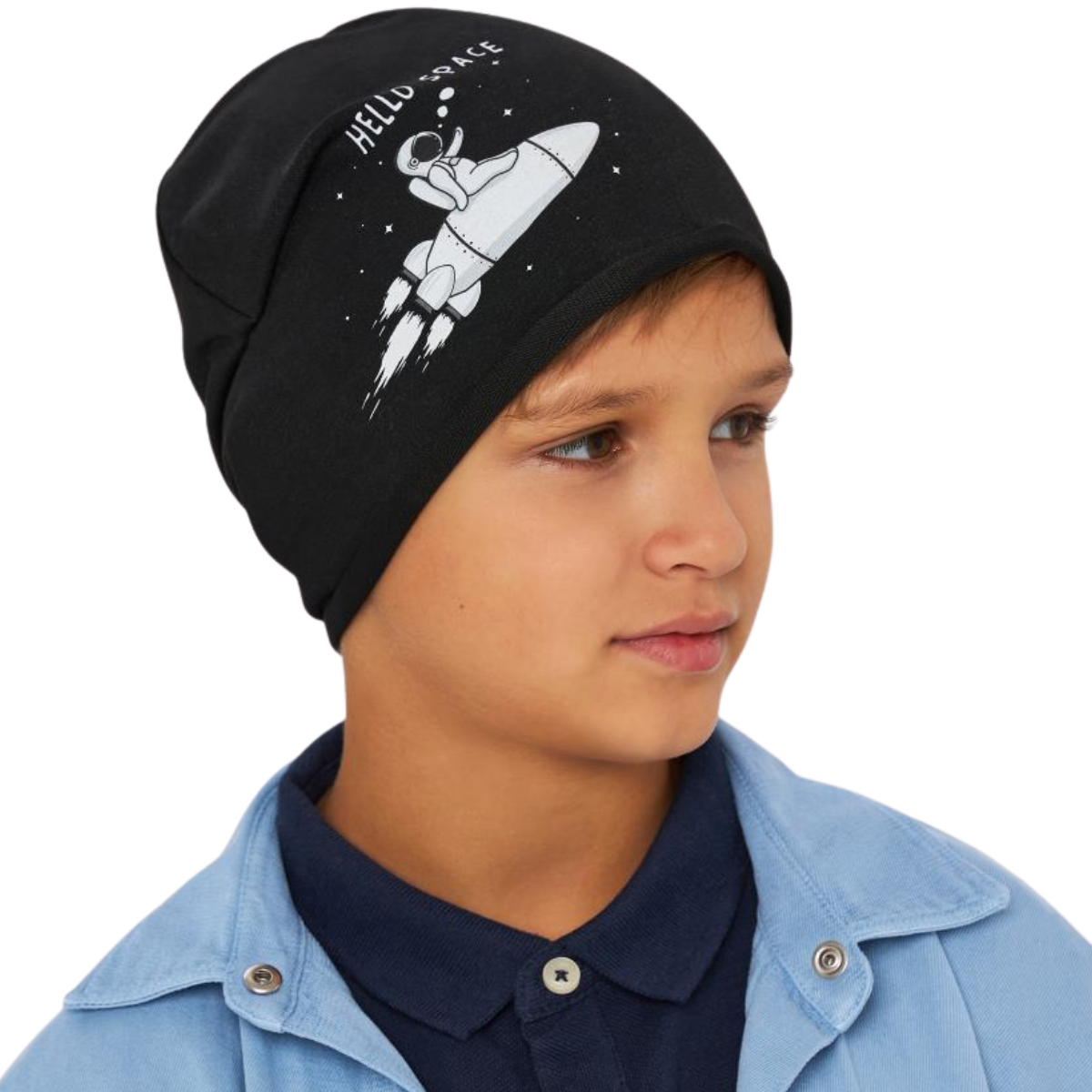 10841 Kids' Cotton Beanie Hat β "Hello Space" Rocket Print | Size 54β56 | Ages 7β12 Y | Slouchy Spring/Fall Cap for Boys