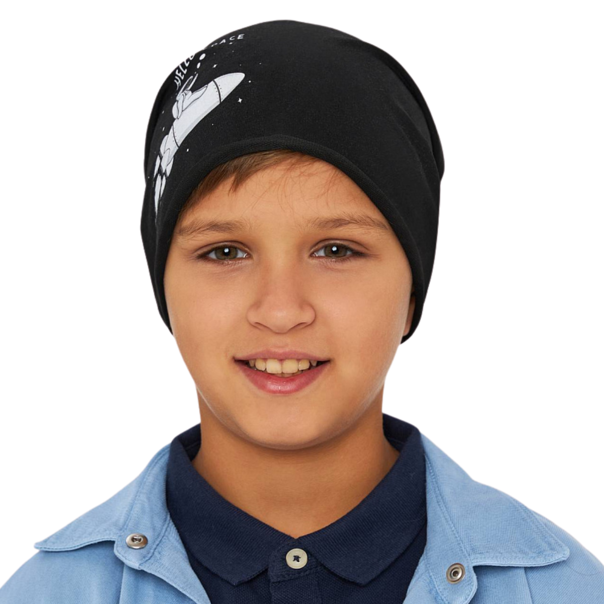 10841 Kids' Cotton Beanie Hat β "Hello Space" Rocket Print | Size 54β56 | Ages 7β12 Y | Slouchy Spring/Fall Cap for Boys