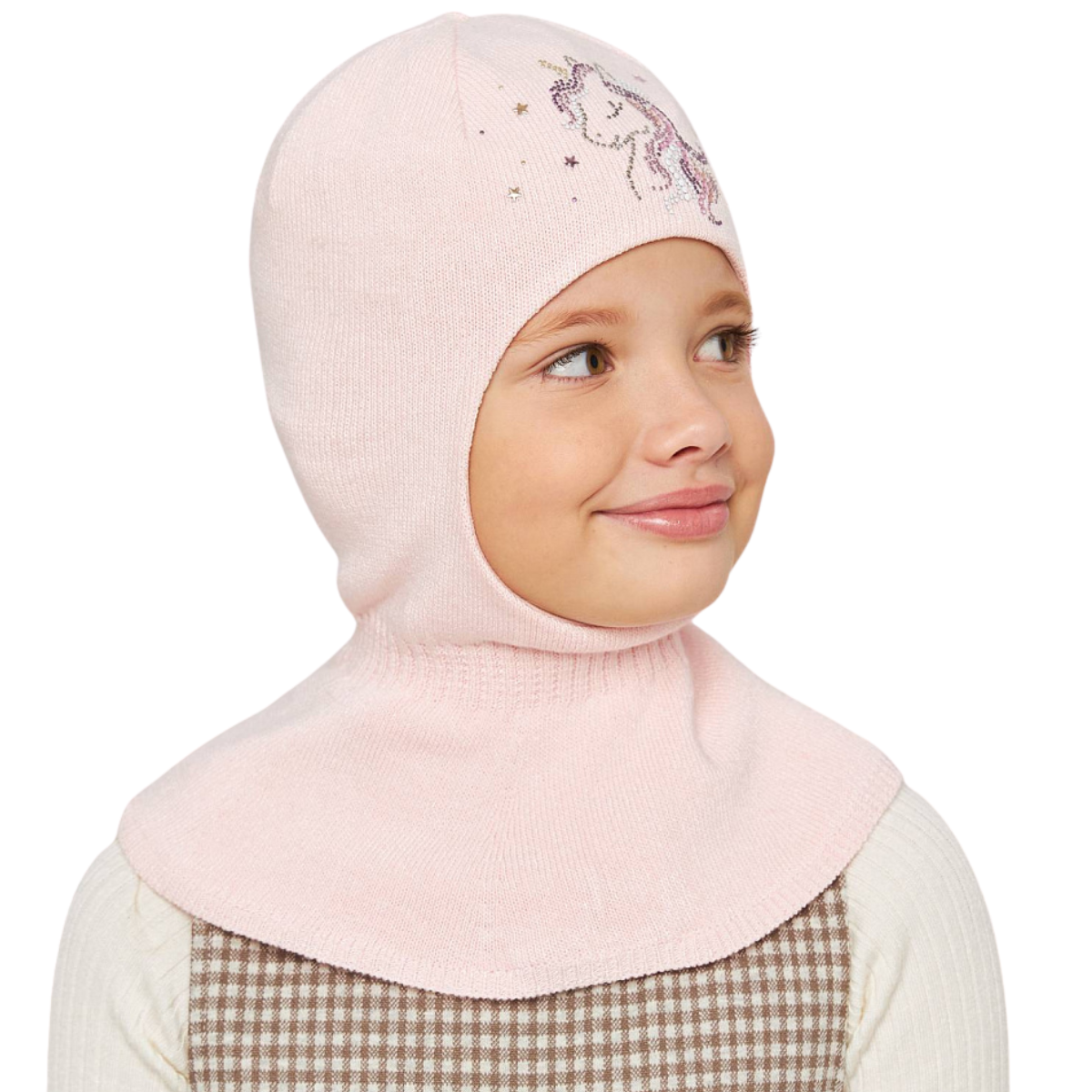 10811 Girls’ Knit Balaclava Hat – Unicorn Rhinestone Design | 100% Cotton Shell & Lining | Ages 2,4 Y | Spring/Fall Full-Coverage Hood