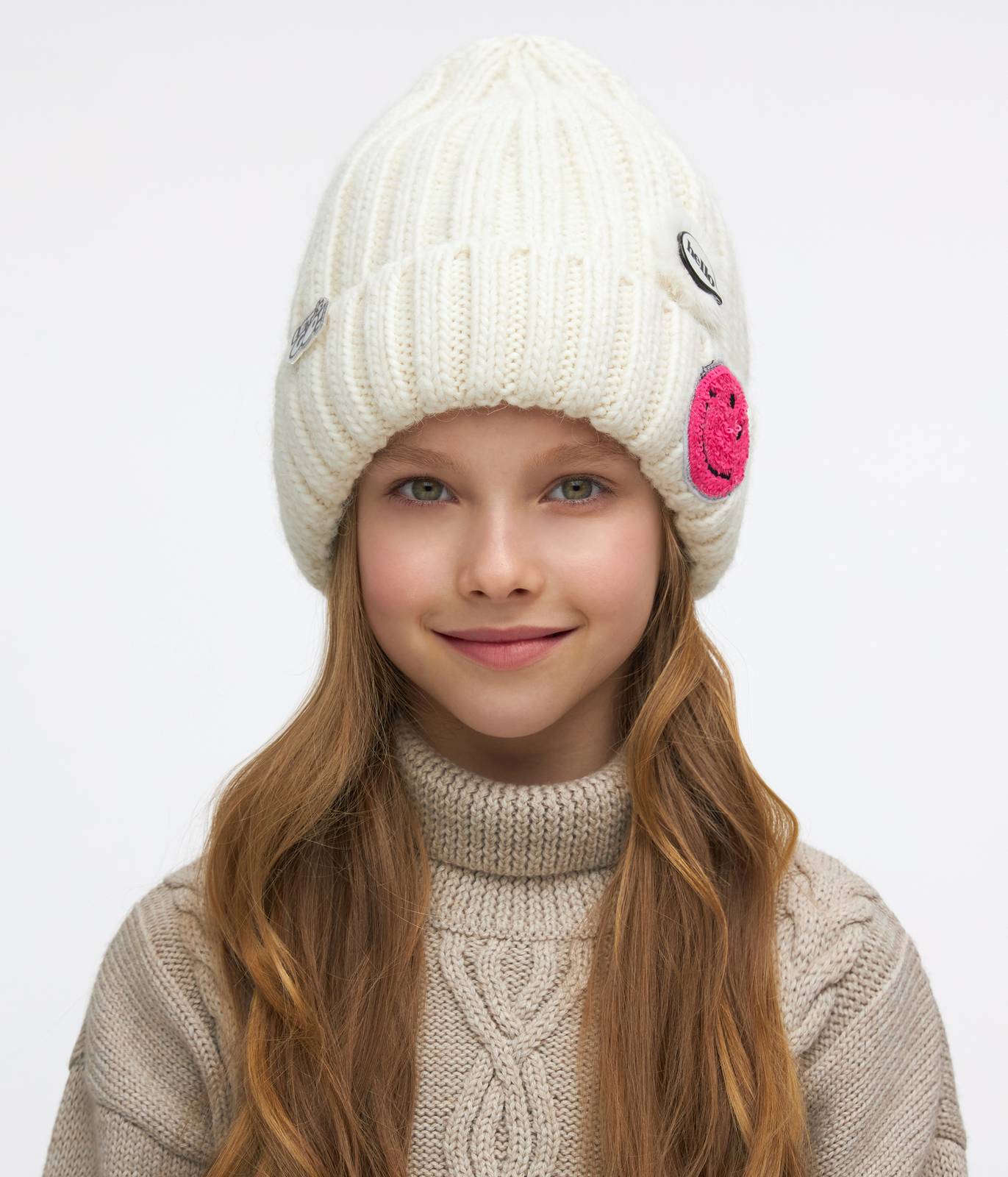 11283 Girls’ Knitted Winter Hat with Sequin Smiley Patch | Size 54–56 cm | Ages 6–12 | 100% Cotton Lining | Baby Alpaca, Wool