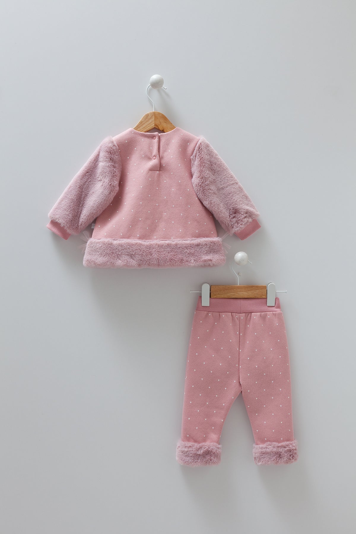 8189 Girls' 100% Cotton Plush 2-Piece Outfit – Faux Fur Top & Polka Dot Pants | Autumn Baby Set | 3-12 Months | Turkey