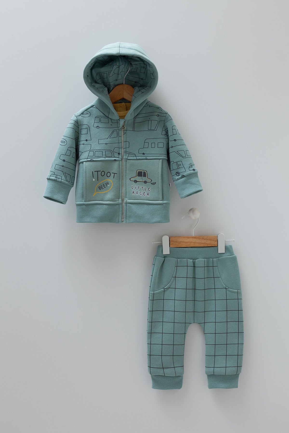 8263 Caramell Baby Boy Green 3-Piece Fleece-Lined Set β Pants, T-Shirt & Zip-Up Hoodie with Hood | Cotton | Sizes 3β18 Months | Made in Turkey