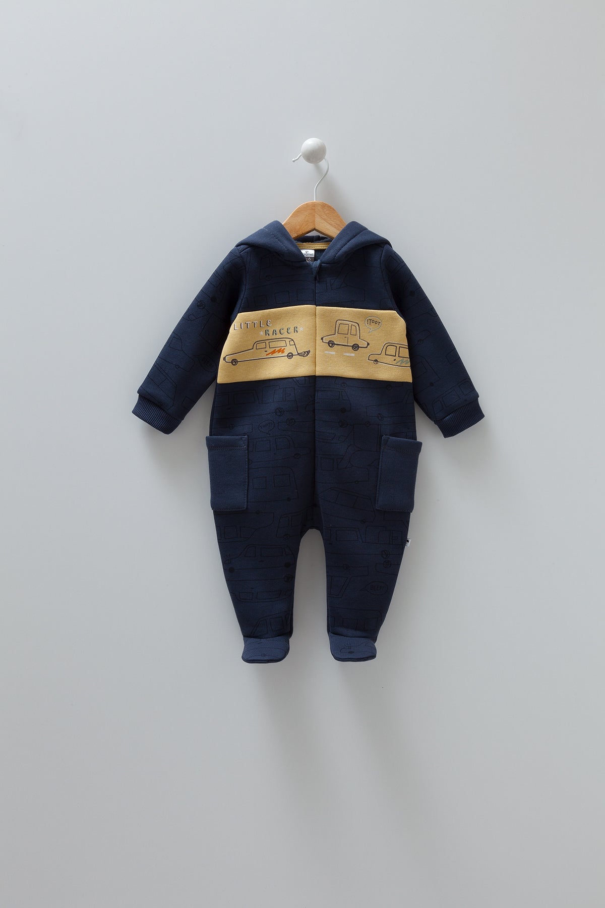 8264 Caramell Baby Boy Zip-Up Cotton Jumpsuit with Car Print & Fleece Lining | Sizes 3–18 Months | Made in Turkey
